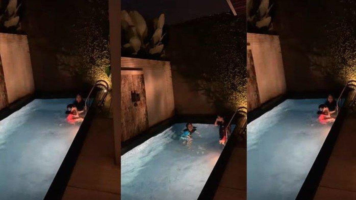 Potret kolam renang di rumah artis Meisya Siregar saat malam hari.