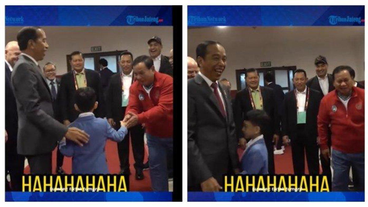 Presiden Joko Widodo bersama cucunya Jan Ethes yang menyalami bakal calon presiden Prabowo Subianto usai pembukaan Piala Dunia U17 2023 Indonesia di Stadion Gelora Bung Tomo, Surabaya, Jumat (10/11/2023) malam.
