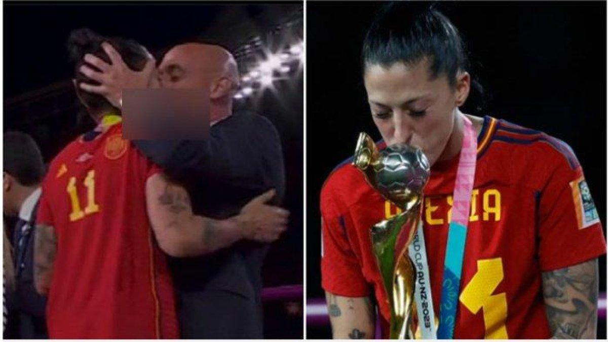 Presiden federasi sepak bola Spanyol, Luis Rubiales tertangkap kamera meraih dan mencium bibir gelandang Spanyol Jennifer Hermoso saat seremoni penyerahan medali dan trofi Piala Dunia Wanita di podium.