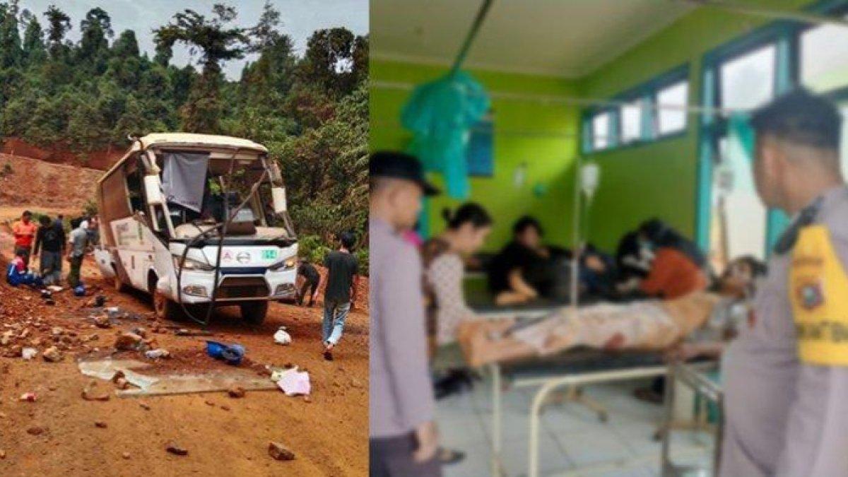 Rem blong, bus tabrak pembatas jalan dan terguling di Konawe Utara