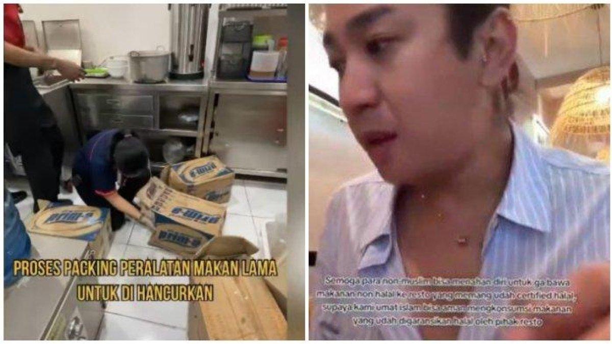 (Kiri) Video proses resto bakso A Fung yang hancurkan peralatan makan buntut video viral Jovi Adhiguna dan (Kanan) Video Jovi Adhiguna saat santap bakso campur kerupuk babi.