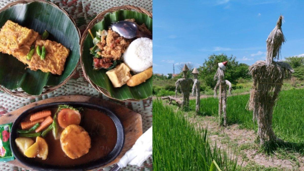 Sajian bestik, nasi gunungsari dan mendoan serta orang-orangan sawah di lahan pertanian di Taman Sehat Rejosari