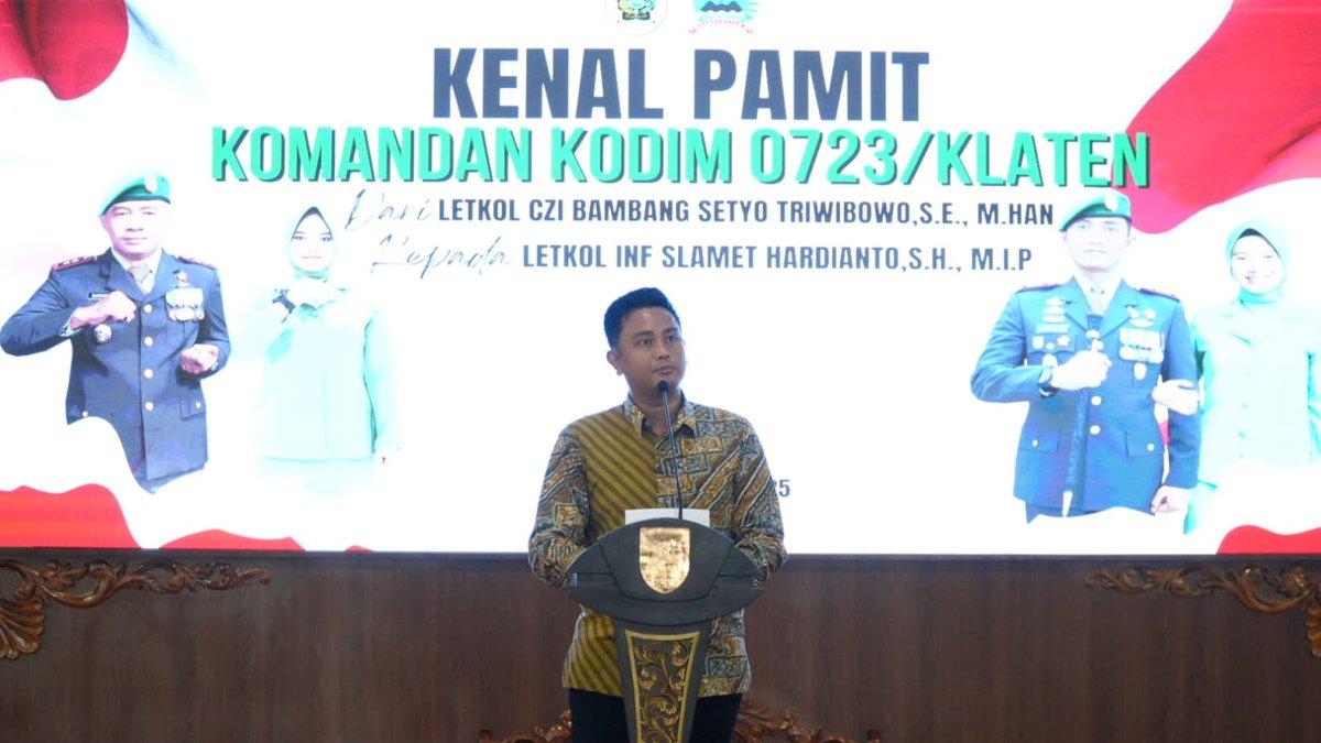 INFO KLATEN - Sambutan Bupati Klaten Hamenang Wajar Ismoyo saat Kenal Pamit Dandim 0723 Klaten, di Pendopo Pemkab Klaten, Sabtu (12/4/2024).