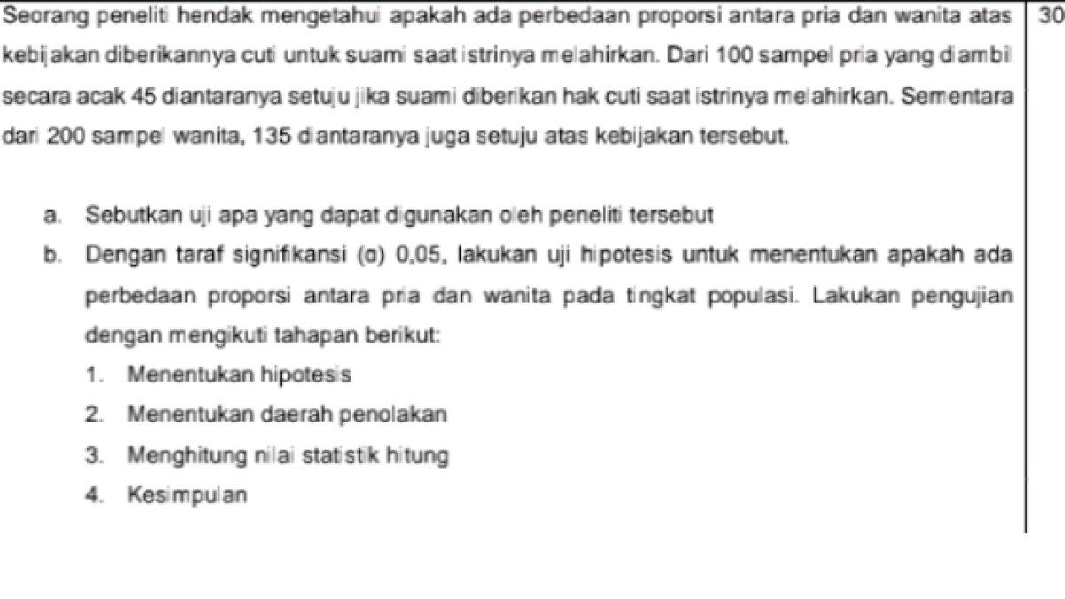 'Sebutkan uji apa yang digunakan peneliti untuk mengetahui apakah ada perbedaan proporsi antara pria dan wanita atas kebijakan diberikannya cuti untuk suami saat istrinya melahirkan!'