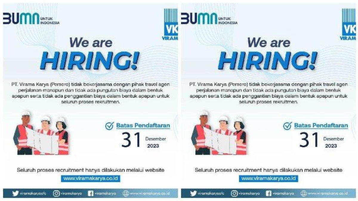 Simak informasi lowongan kerja BUMN Virama Karya untuk lulusan D3 dan S1. Pendaftaran akan ditutup pada 31 Desember 2023 di viramakarya.co.id.