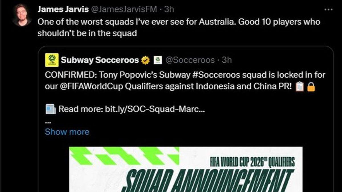 SKUAD TIMNAS AUSTRALIA - Salah satu unggahan netizen Australia terkait pemilihan tim pelatih Tony Popovic kontra Indonesia dan Bahrain di Kualifikasi Piala Dunia 2026 ronde Maret.