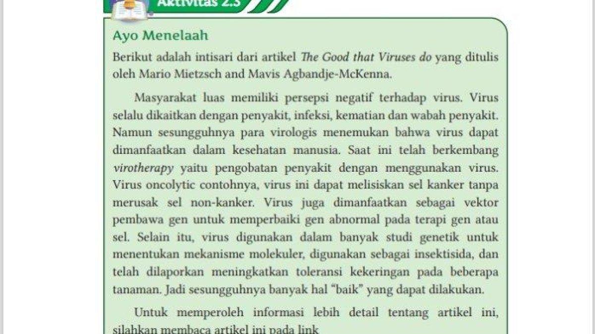 Soal IPA kelas 10 SMA halaman 41 Kebaikan yang Dilakukan Virus