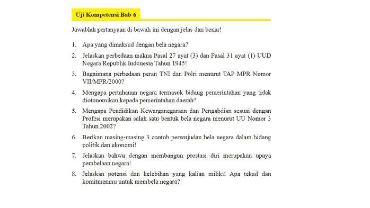 PKN Kelas 9 Halaman 184 K13 Semester 2, Uji Kompetensi Bab 6: Bela Negara, buku Pendidikan Pancasila dan kewarganegaraan Kelas IX SMP.