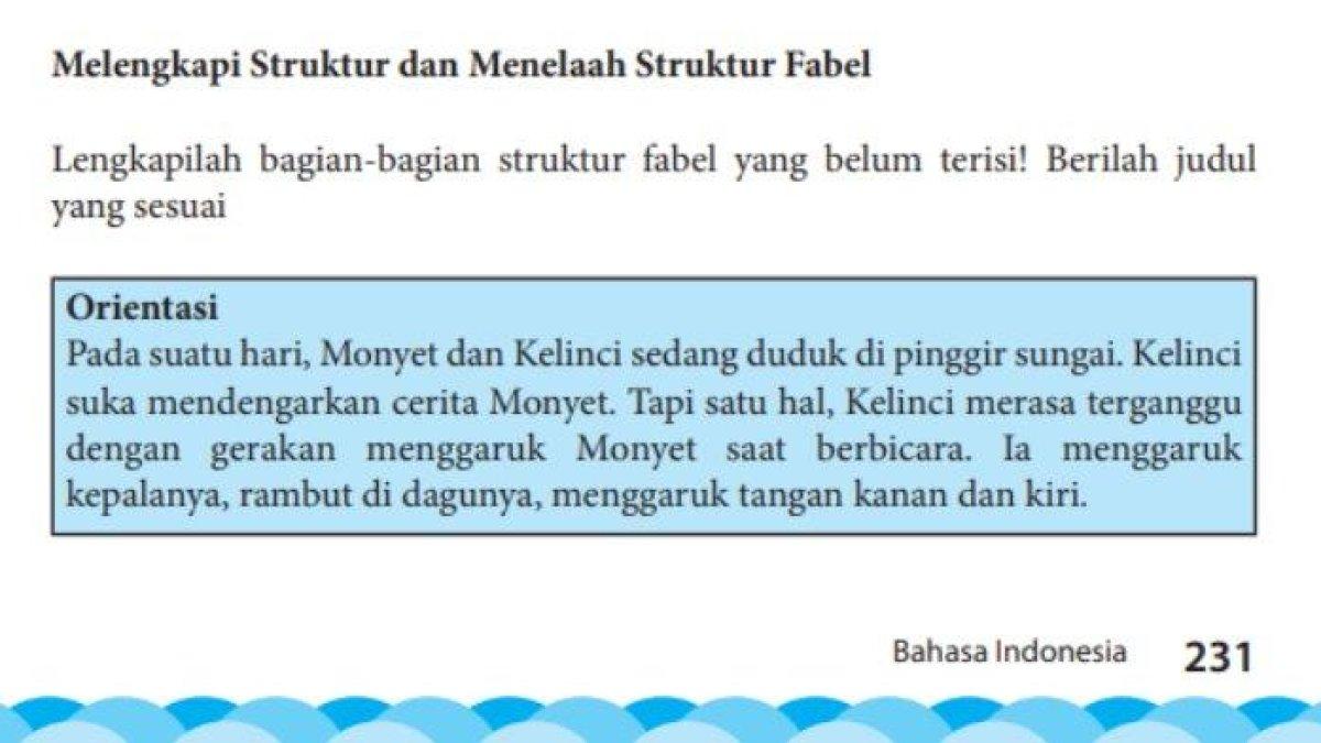 Soal dan kunci jawaban Bahasa Indonesia kelas 7 halaman 231 semester 2, terdapat tugas tentang Melengkapi Struktur dan Menelaah Struktur Fabel.