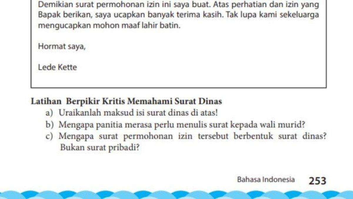 Soal dan kunci jawaban Bahasa Indonesia kelas 7 halaman 253 semester 2 tugas tentang Latihan Berpikir Kritis Memahami Surat Dinas. (Buku Bahasa Indonesia Kelas 7 SMP/MTs)