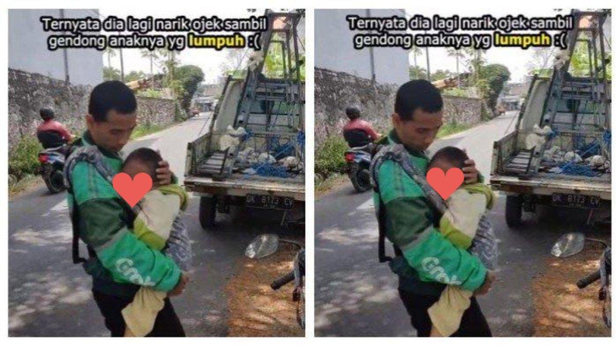 Sosok Driver Ojol terpaksa bekerja sambil gendong anaknya yang lumpuh, kini butuh biaya pengobatan