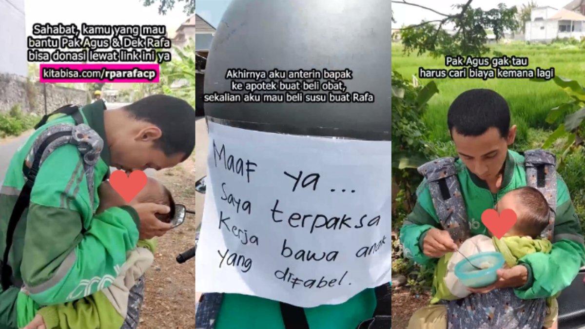 Sosok Driver Ojol terpaksa bekerja sambil gendong anaknya yang lumpuh, kini butuh biaya pengobatan