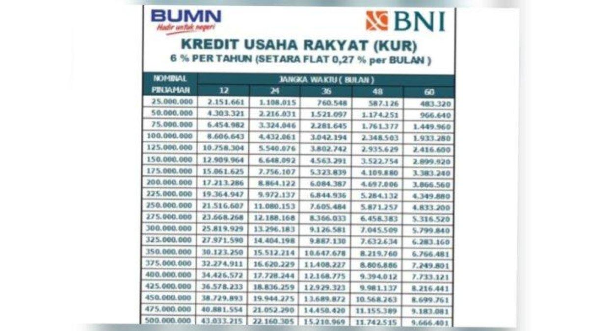 KUR BNI 2025 - Tabel angsuran KUR BNI 2024 bunga rendah yang diunduh dari Tribun Jateng pada Rabu (5/2/2025). KUR BNI merupakan kredit usaha rakyat yang menjadi favorit.