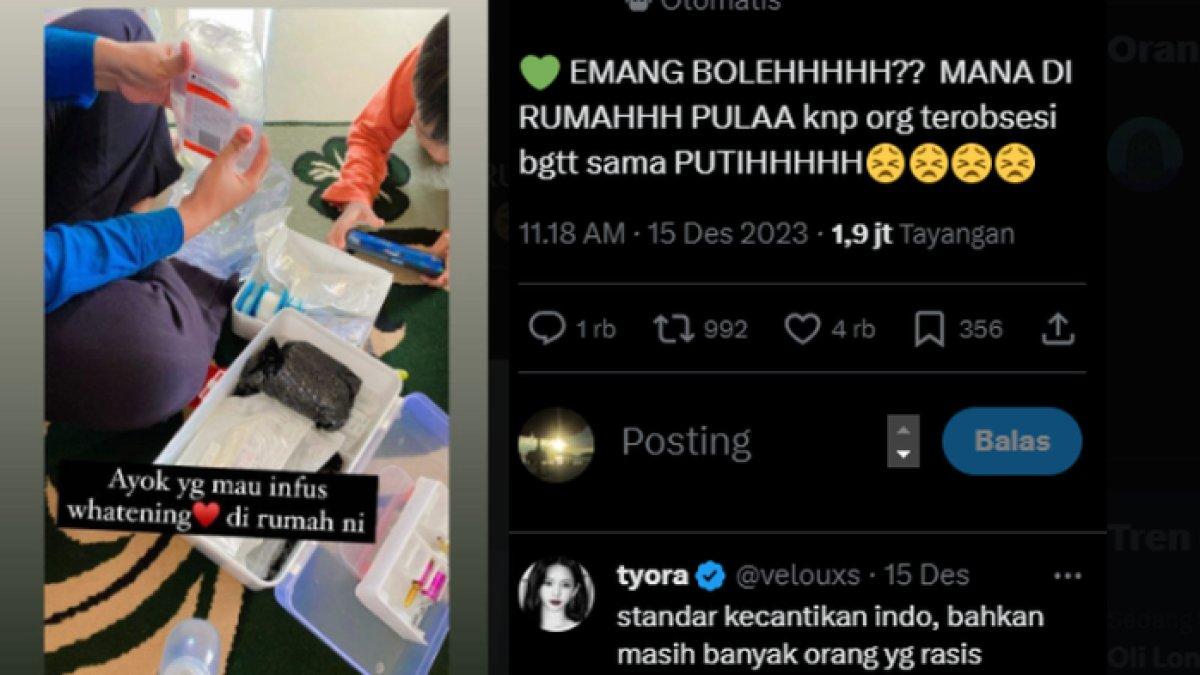 Tangkap layar foto praktik infus whitening untuk memutihkan kulit yang dilakukan di rumah.