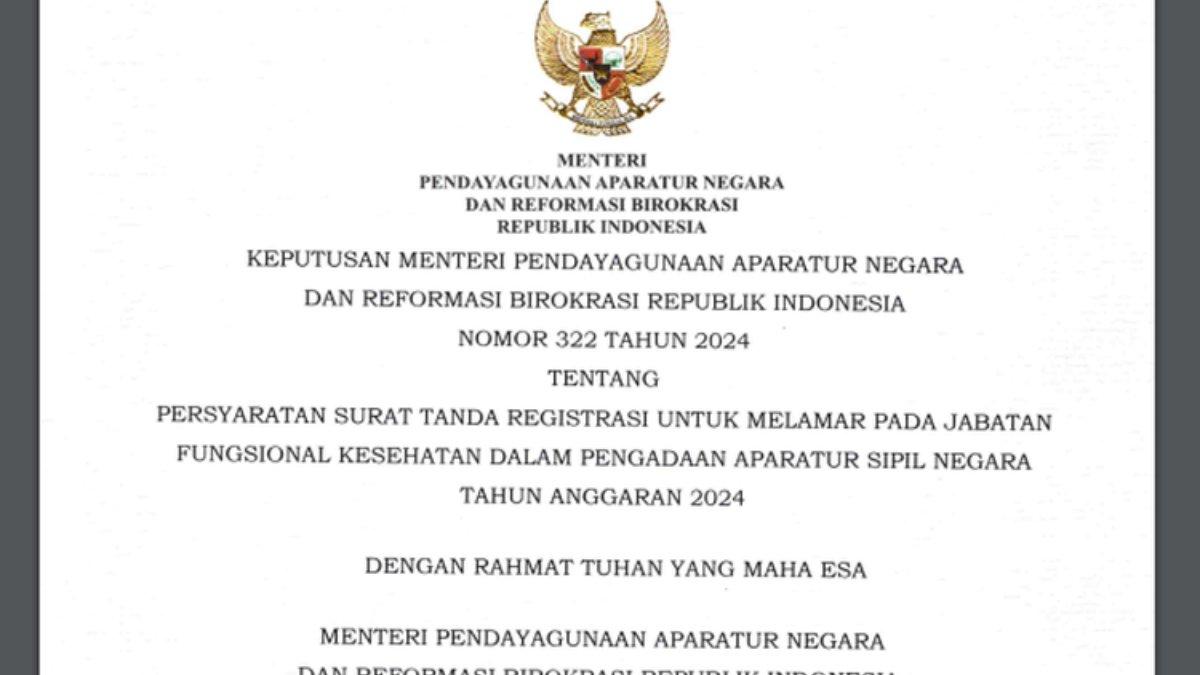 Tangkapan layar Keputusan Menpan-RB Nomor 322 Tahun 2024 yang membuat formasi CASN tenaga kesehatan 2024 dengan syarat STR.