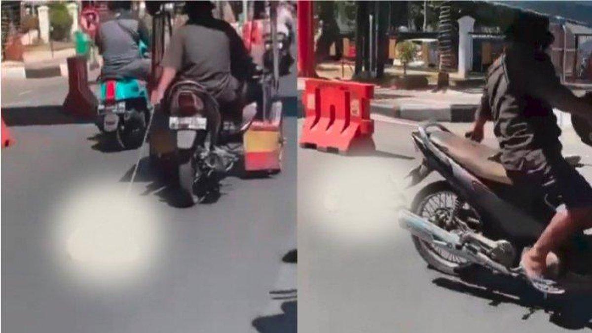 Tangkapan layar detik-detik pengemudi becak motor (bentor) di Makassar diduga siksa hewan. Aksi pengemudi bentor itu dikecam oleh warganet dan Aliansi Peduli Hewan Indonesia (APHI).