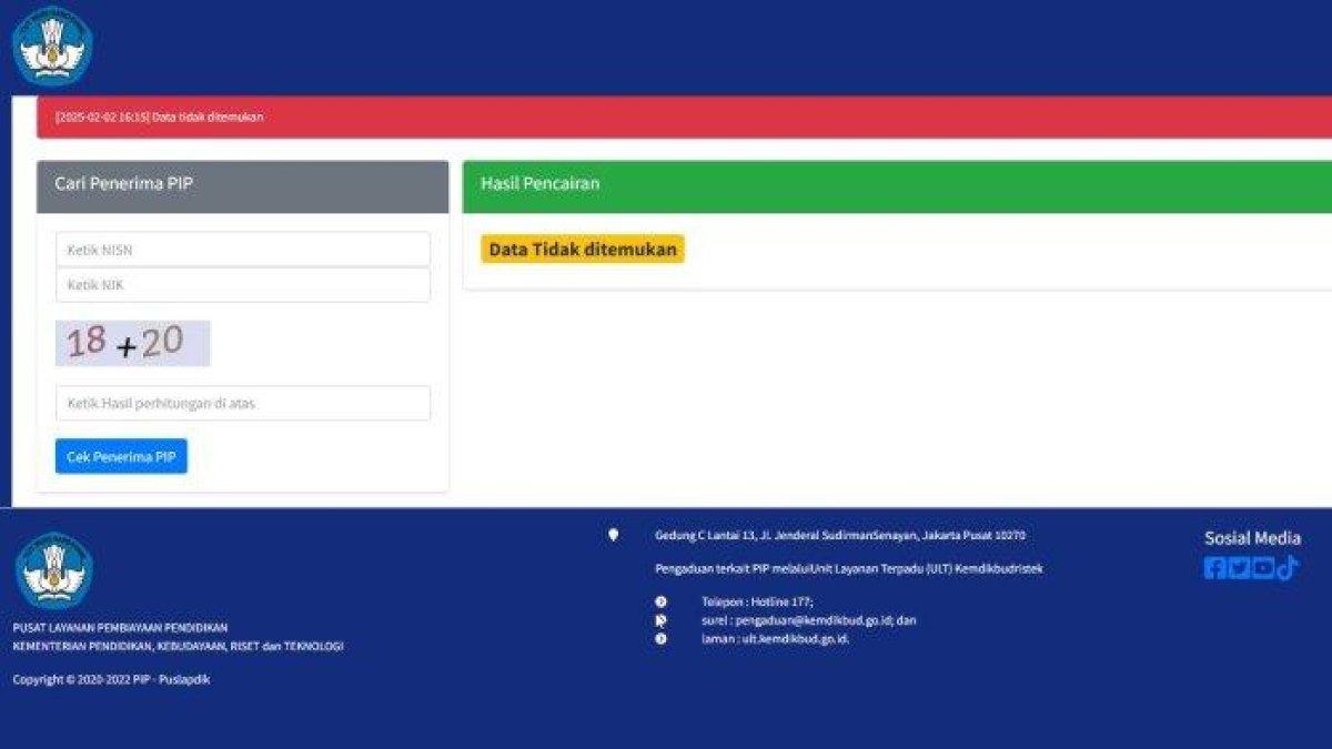 PENCAIRAN PIP 2025 - Tangkapan layar halaman pengecekan penerima PIP 2025 diunduh Minggu (2/2/2025). Cek status pencairan PIP 2025 dengan mudah melalui situs resmi pip.kemdikbud.go.id. Siswa dapat menggunakan NIK dan NISN dengan login lewat HP.