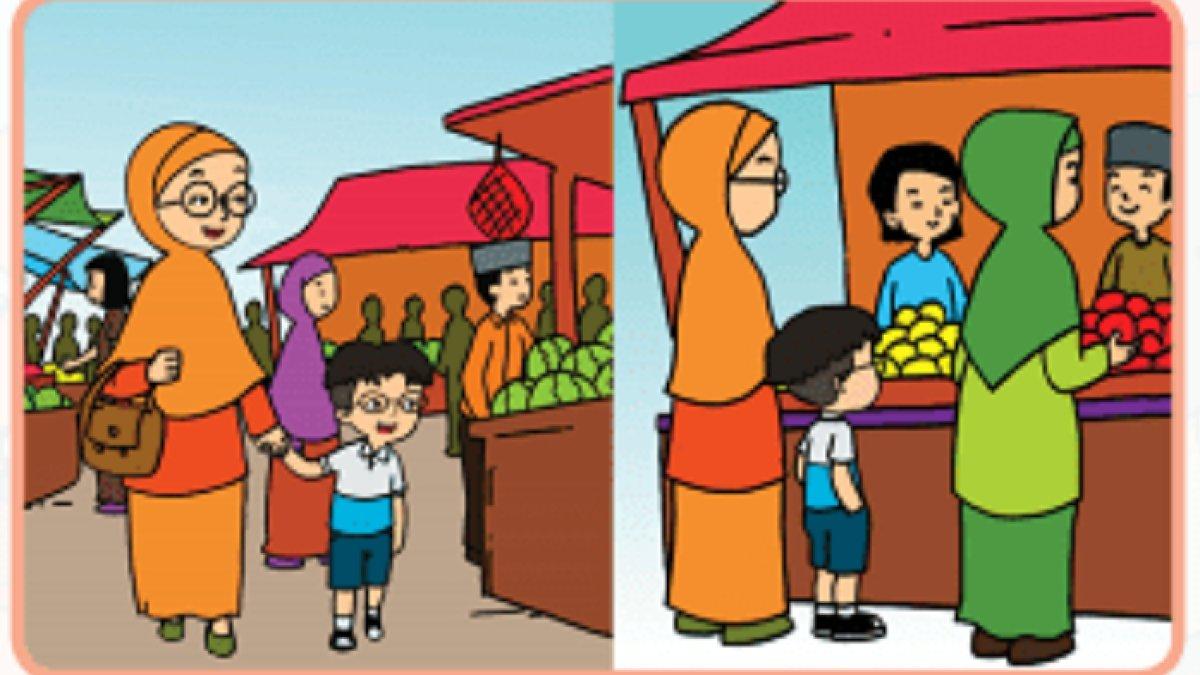 Udin diajak ibu berbelanja ke pasar.