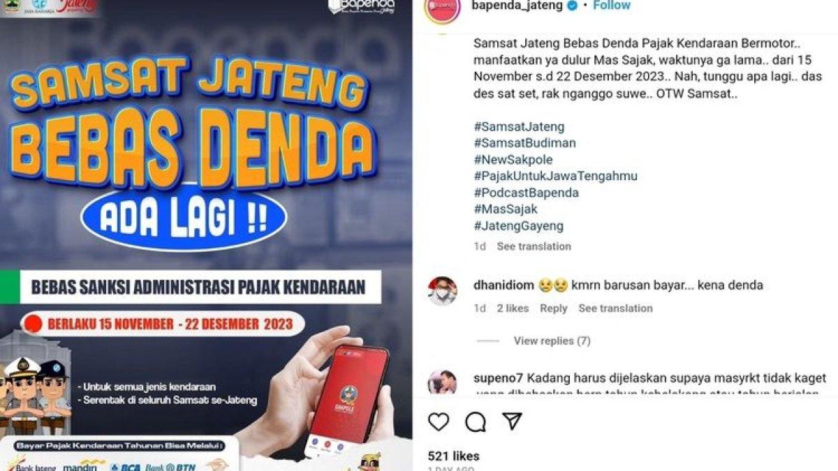 Unggahan Bapenda Jateng terkait program bebas denda Pajakn di Samsat se-Jateng.