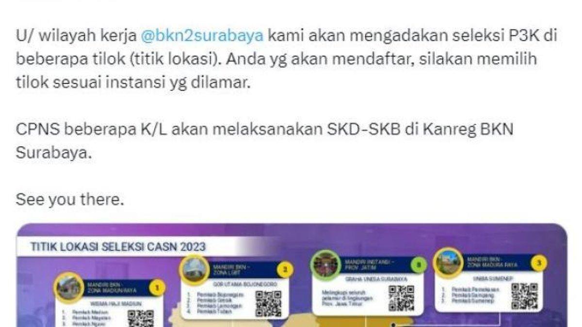 Unggahan Kepala Kanreg II BKN Surabaya, Mohammad Ridwan tentang daftar titik lokasi seleksi kompetensi untuk CPNS dan PPPK 2023 di Jawa Timur