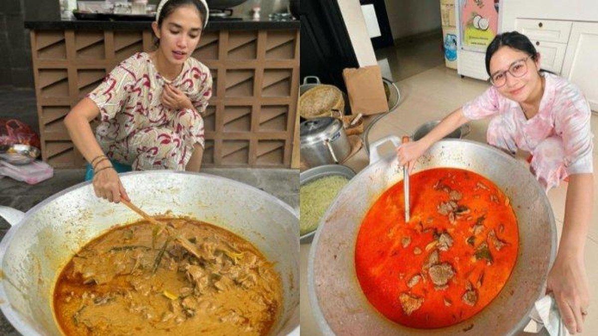 Ussy Sulistiawaty dan Prilly Latuconsina masak rendang sendiri untuk lebaran.