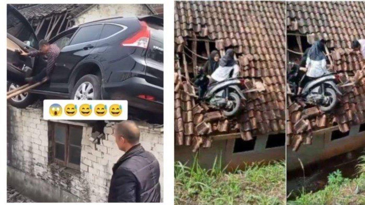 Viral mobil nyangkut di atap usai kejadian motor nyangkut.