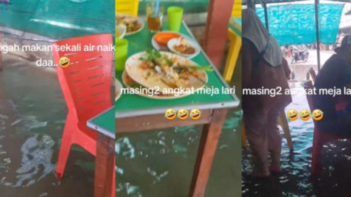 Wanita panik saat makan tiba-tiba dihantam ombak pantai, banjir rob tak terelakkan