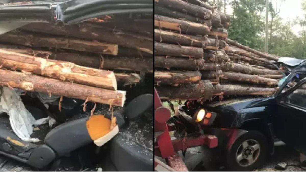 AJAIB! Seorang pengemudi mobil berhasil selamat dari kecelakaan truk, mobil korban ringsek ditembus kayu gelondongan.