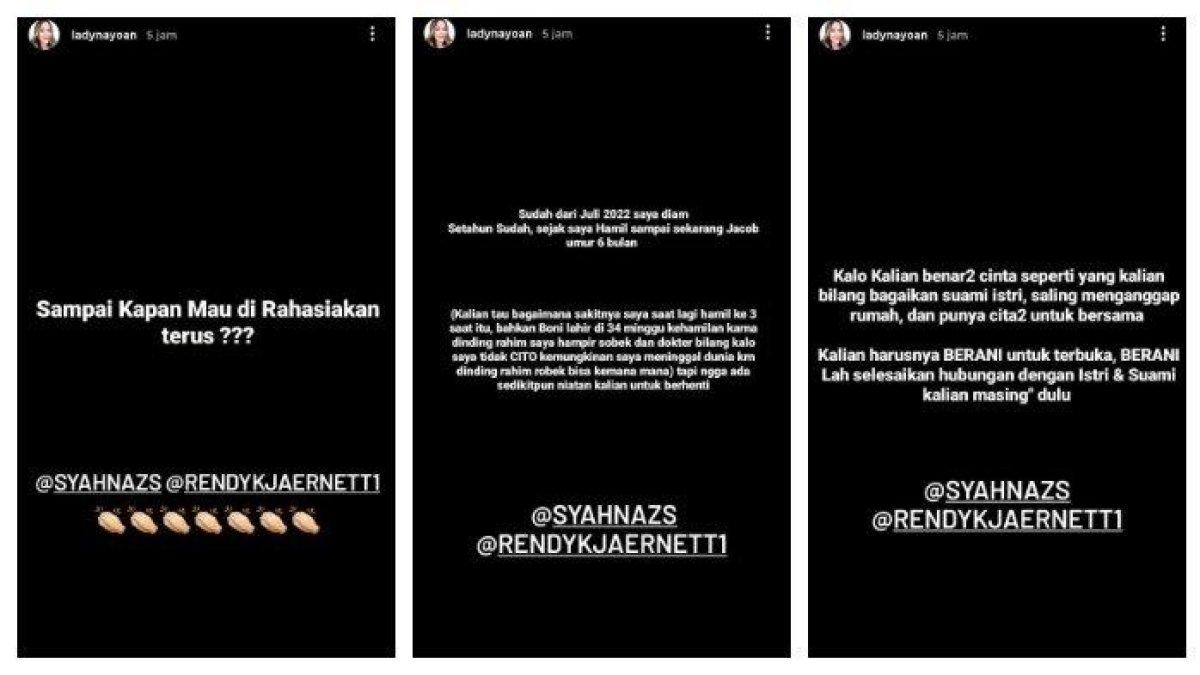 Artis Lady Veronica Nayoan membongkar dugaan perselingkuhan yang dilakukan sang suami, Rendy Kjaernett dengan Syahnaz Sadiqah, adik Raffi Ahmad melalui Instagram.
