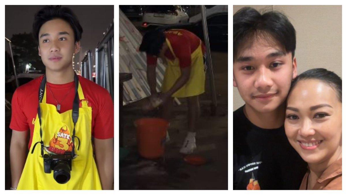 ANAK ARTIS JUALAN - Bevan, anak penyanyi Nola Be3 tak gengsi jualan sate di pinggir jalan. Layani pembeli langsung hingga cuci piring.