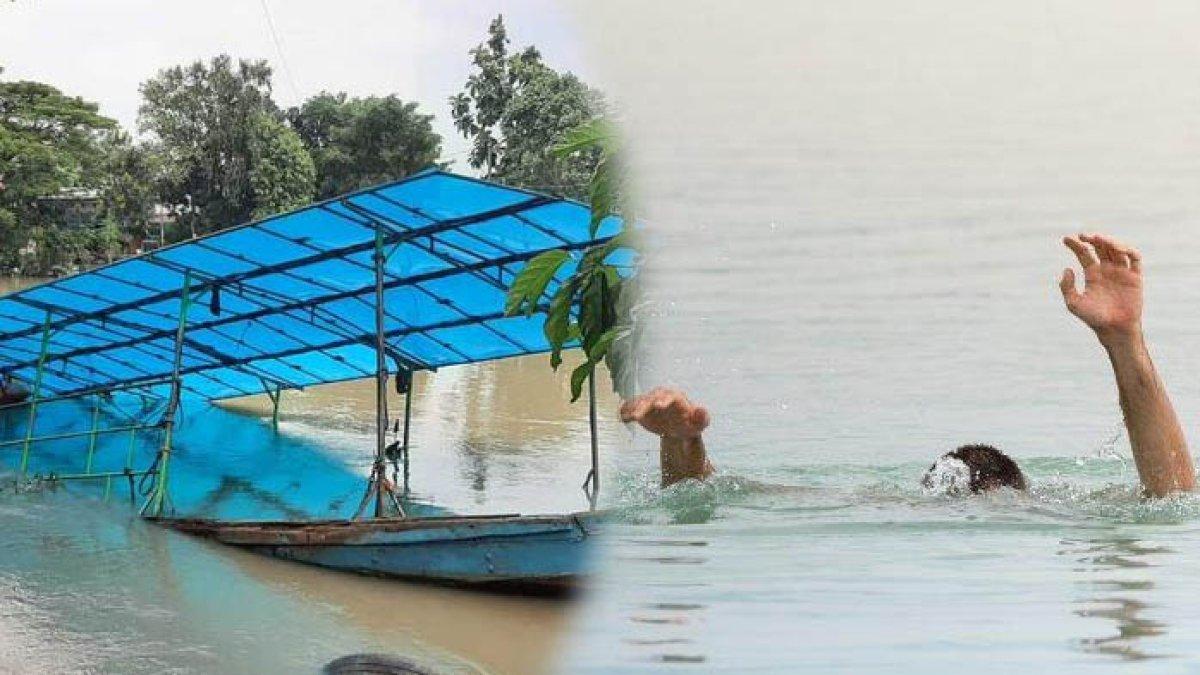 Bangkai perahu tambang ditarik minggir ke sisi sungai Kali Surabaya. Desiree Peni Chindy Khatrine (23) masih dinyatakan hilang saat perahu yang ia naiki tenggelam di Sungai Brantang, Surabaya, Jawa Timur pada Sabtu (25/3/2023).