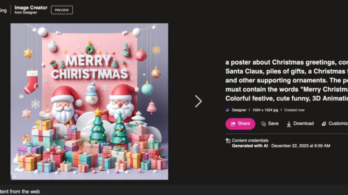 Ilustrasi cara membuat gambar ucapan selamat Natal 2023 via Bing Image Creator.