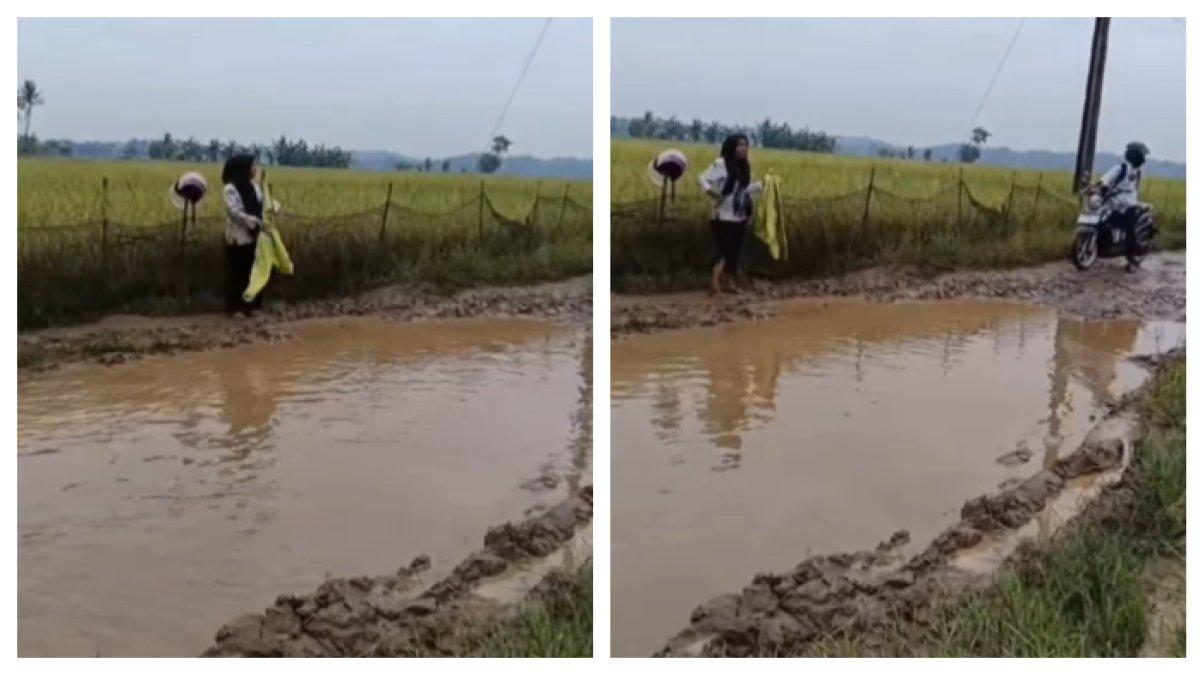 SEORANG GURU KESAL - Viral video seorang guru yang kesal dengan keadaan jalan yang tak pernah diperbaiki. Kini ia tergelincir di kubangan air warna cokelat dan teriak sebut nama Presiden Prabowo Subianto.
