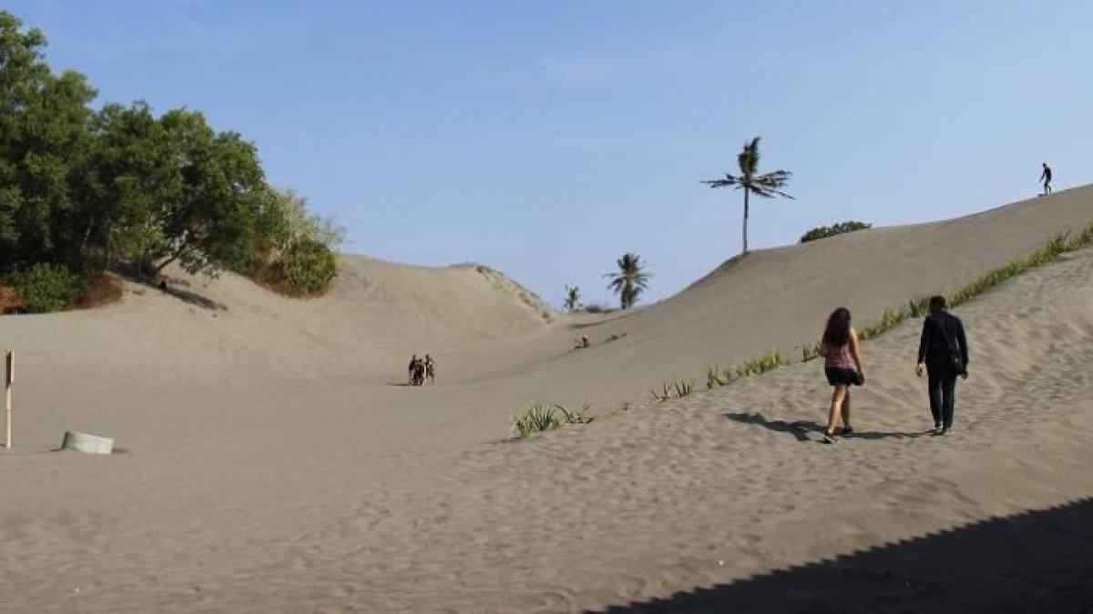 WISATA DI JOGJA - Wisatawan mengunjungi obyek wisata gumuk pasir Parangkusumo, Kecamatan Kretek, Bantul, Daerah Istimewa Yogyakarta, Minggu (23/8/2015). Sebagian wisatawan memanfaatkan gumuk pasir untuk melakukan permainan sandboarding.