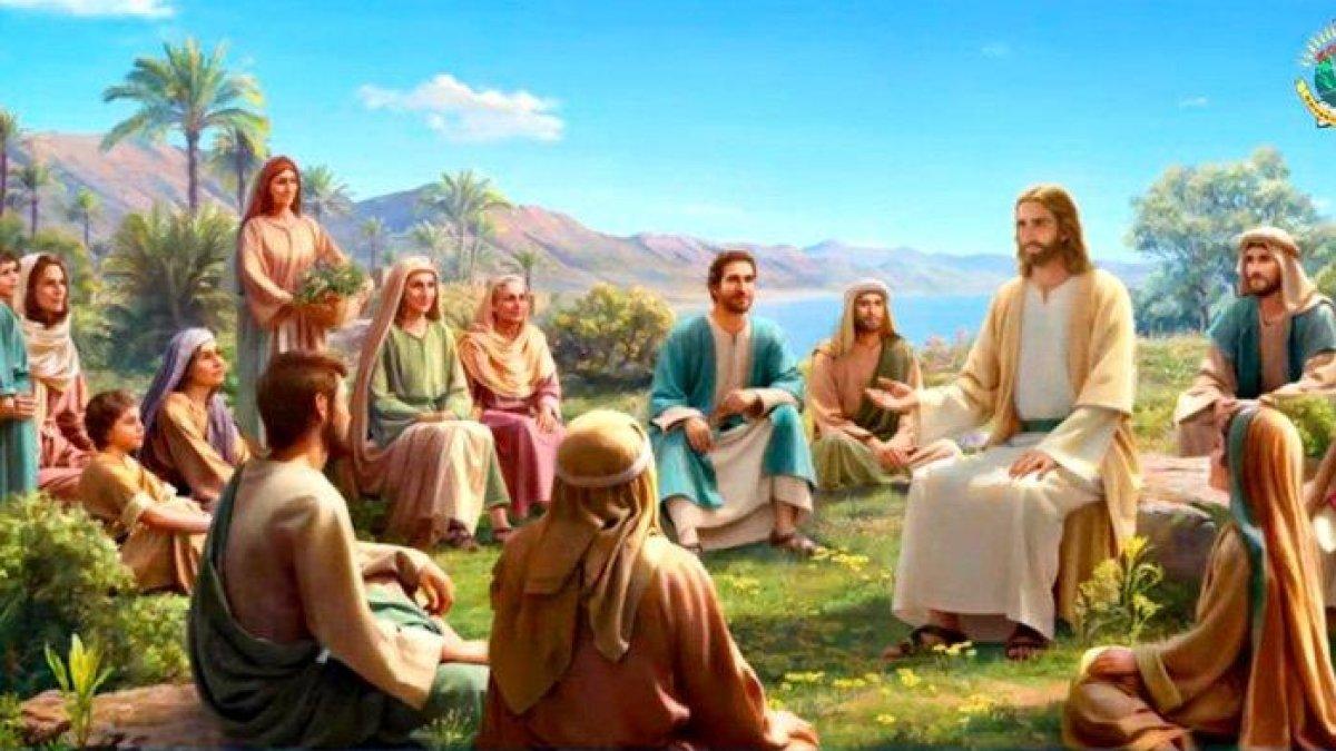 Ilustrasi Yesus menyampaikan Kotbah di Bukit. Lalu Yesus mulai berbicara dan menyampaikan ajaran ini kepada mereka, 