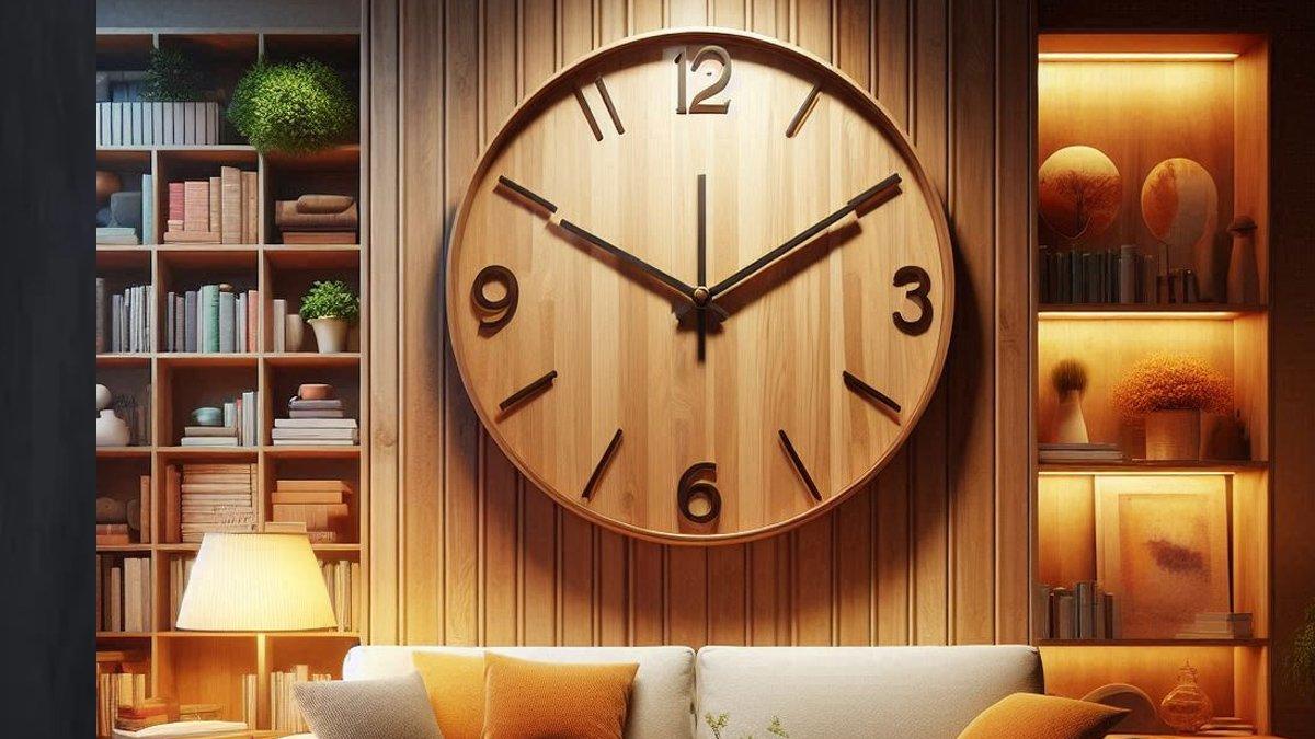 FENG SHUI RUMAH - Foto ilustrasi hasil olah kecerdasan buatan (AI), Selasa (4/2/2025), memperlihatkan sebuah ilustrasi jam dinding berbahan kayu dalam sebuah ruangan di rumah.