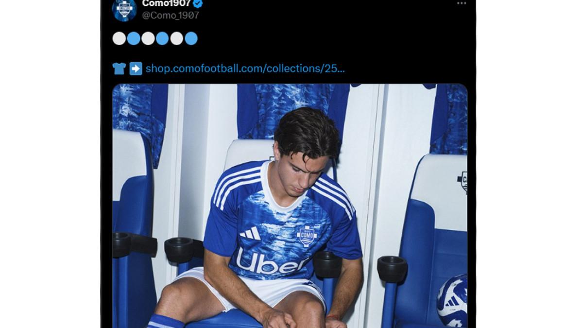 JERSEY ANYAR - Penampilan Nico Paz saat mengenakan jersey anyar Como 1907 untuk musim 2025/2026. Desain kostum kandang ini adalah hasil rancangan Didit Hediprasetyo, putra Presiden RI Prabowo Subianto, Kamis (24/7/2025). (Tangkapan Layar/@Como_1907)