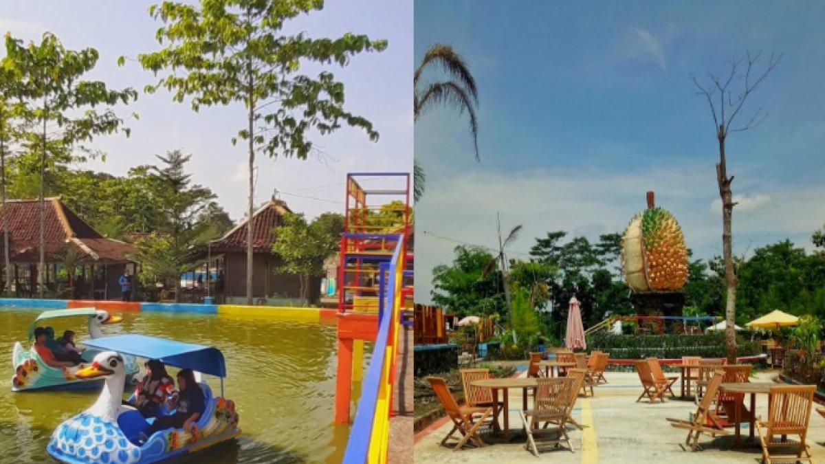 OBYEK WISATA KLATEN: Wahana permainan air dengan perahu bebek kayuh, dan area bersantai dengan meja dan kursi kayu, serta patung besar berbentuk buah durian sebagai ikon unik di New Taman Jlengut Klaten