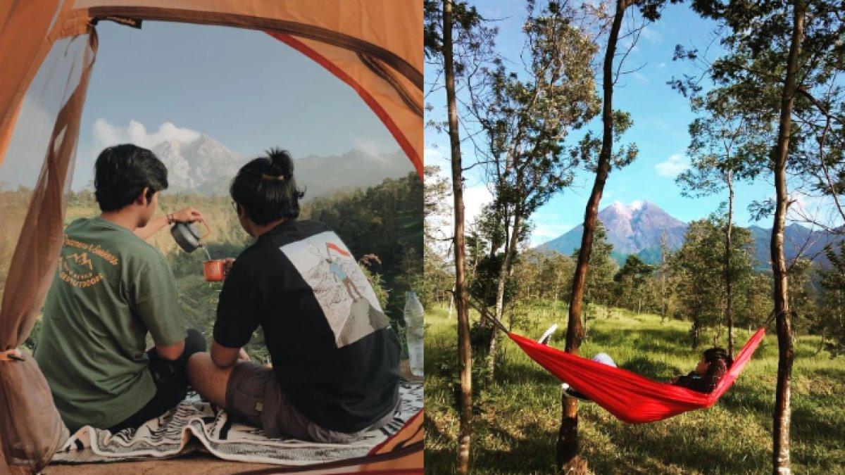 OBYEK WISATA KLATEN: Pengunjung sedang menikmati minuman hangat dari dalam tenda, menghadap langsung ke pemandangan pegunungan yang indah, serta bersantai di hammock yang diikat di antara pepohonan, menikmati suasana tenang dengan pemandangan Merapi