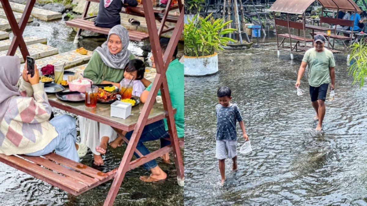 REKOMENDASI RESTORAN KLATEN: Pengunjung tengah asyik menikmati serunya kuliner sambil bermain air di Ketjeh Resto