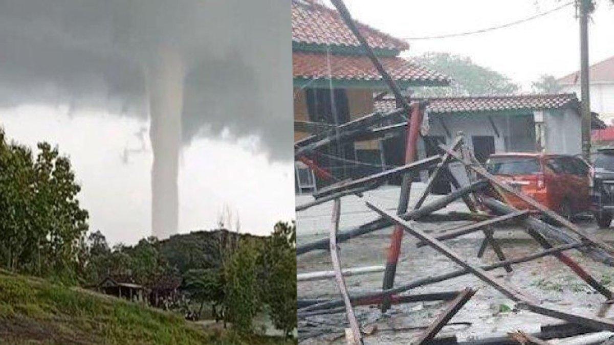 Kondisi di depan kantor Polsek Widasari, Indramayu, setelah diterjang angin puting beliung, Kamis (6/7/2023).