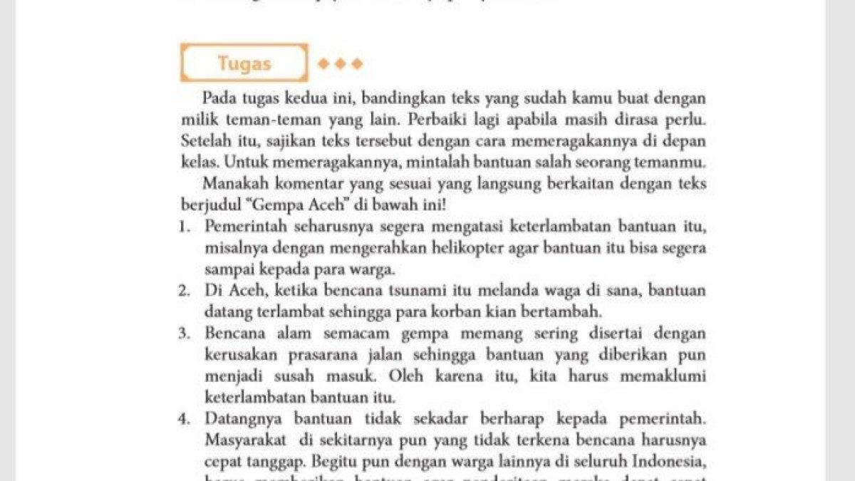 Kunci jawaban Bahasa Indonesia kelas 11 halaman 61 62 semester 2 bab 2, pada bagian Tugas, tentang komentar teks gempa Aceh.