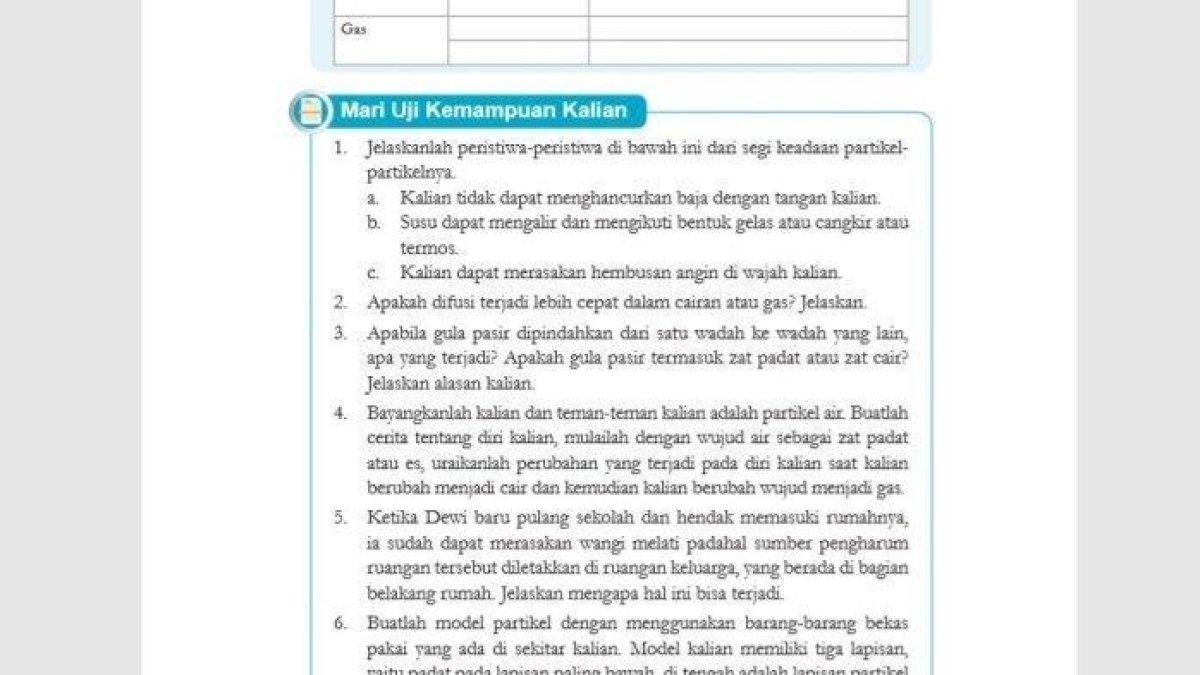 Kunci jawaban IPA kurikulum merdeka kelas 7 halaman 53 tentang keadaan partikelnya.