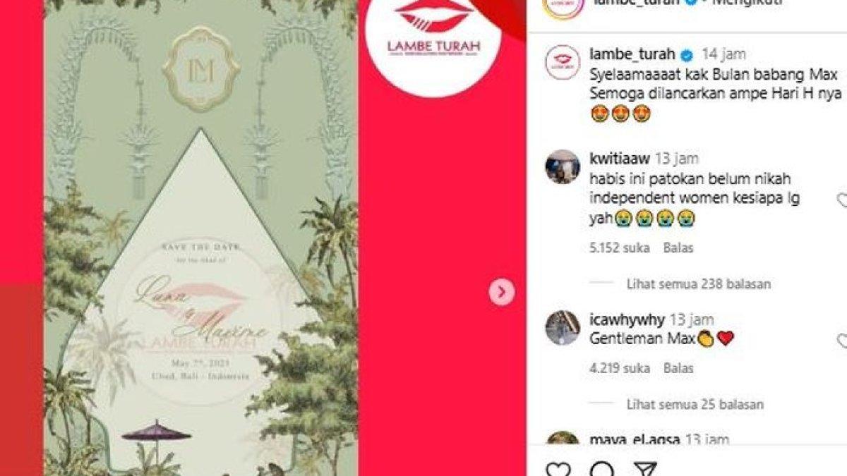 UNDANGAN NIKAH LUNA - Postingan akun @lambe_turah menunjukkan undangan nikah Luna Maya dan Maxime.