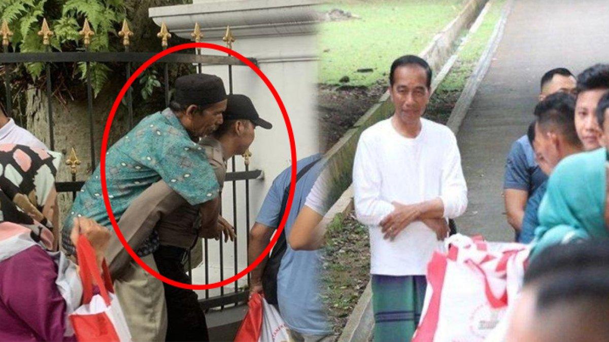 Momen pria paruh baya digendong polisi saat sedang mengantre paket sembako dari Presiden Joko Widodo di kompleks sekitaran Istana Bogor, Minggu (7/4/2024).