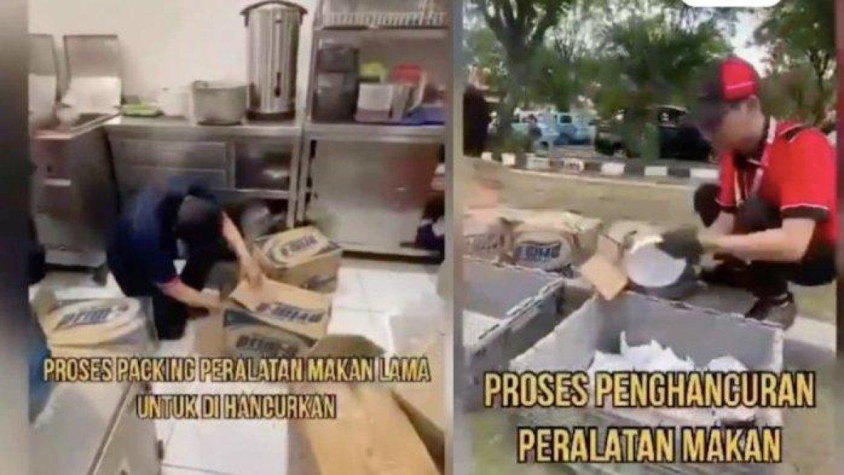 Sebagai bentuk tanggung jawab Bakso A Fung Bandara Ngurah Rai hancurkan perlengkapan makan yang terkontaminasi kerupuk babi.