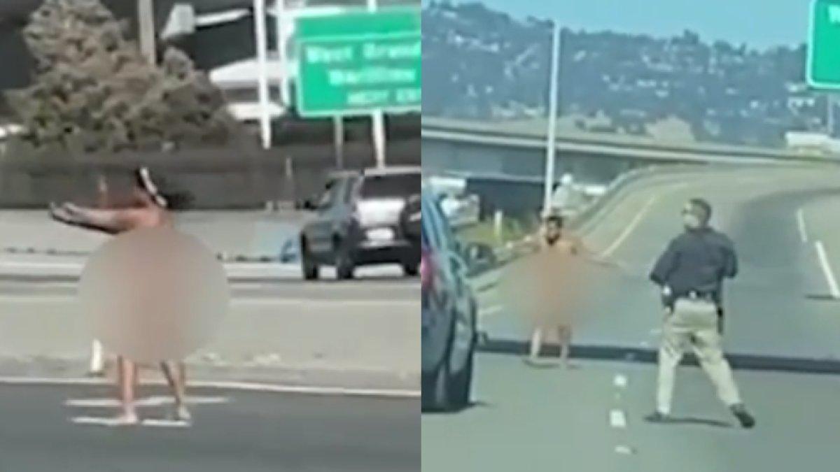 Seorang wanita tanpa busana nekat berlarian membawa pistol di jalan tol sembari menembaki pengendara mobil sekitarnya.