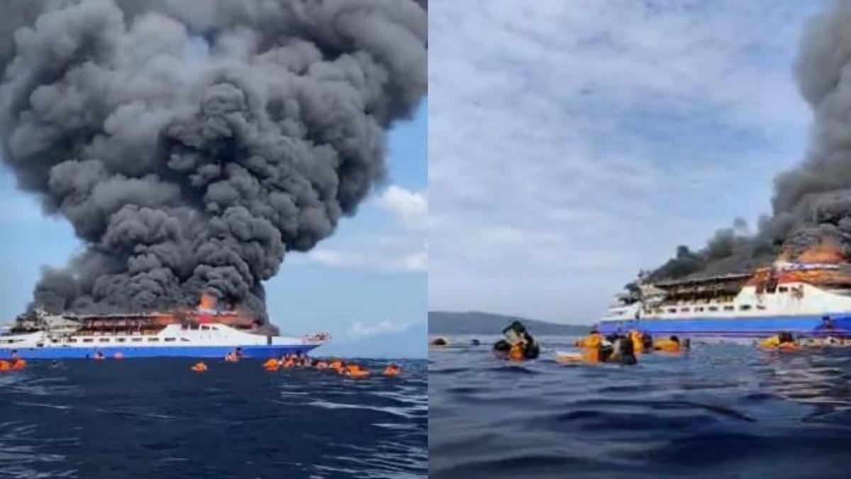 KAPAL TENGGELAM - Tangkapan layar siaran langsung penumpang KM Barcelona VA di Facebook, memperlihatkan kondisi kapal terbakar di Perairan Talise, Minggu (20/7/2025).