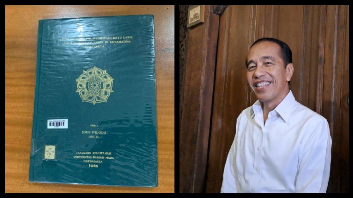 POLEMIK SKRIPSI JOKOWI - Kolase Foto skripsi yang ditulis Joko Widodo (Jokowi) saat menempuh studi di Fakultas Kehutanan, Universitas Gadjah Mada (UGM) Yogyakarta, tahun 1985 dan Foto Presiden ke-7 Joko Widodo (Jokowi) di Wedangan Pendhopo, Jalan Srigading Satu, Kelurahan Mangkubumen, Kecamatan Banjarsari, Kota Surakarta, Jawa Tengah (Jateng), pada Senin (4/11/2024), malam.