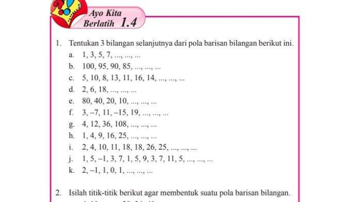 Soal buku Matematika Kelas 8 halaman 22 23, Semester 1 - Kunci jawaban Matematika Kelas 8 halaman 22 23, Semester 1 Ayo Kita Berlatih 1.4, Cara Hitung Pola Barisan Bilangan, Kurikulum 2013 Bab 1.